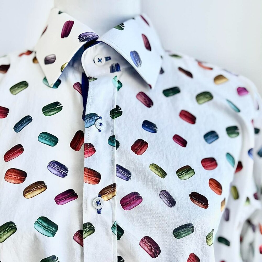 Claudio Lugli White & Multicolor Macaron Print Men’s Cotton Dress Shirt – US XL